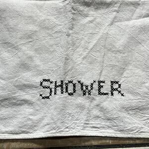 Vintage Embroidered SHOWER Hand Towel White Cotton Black Stitch Bathroom Decor